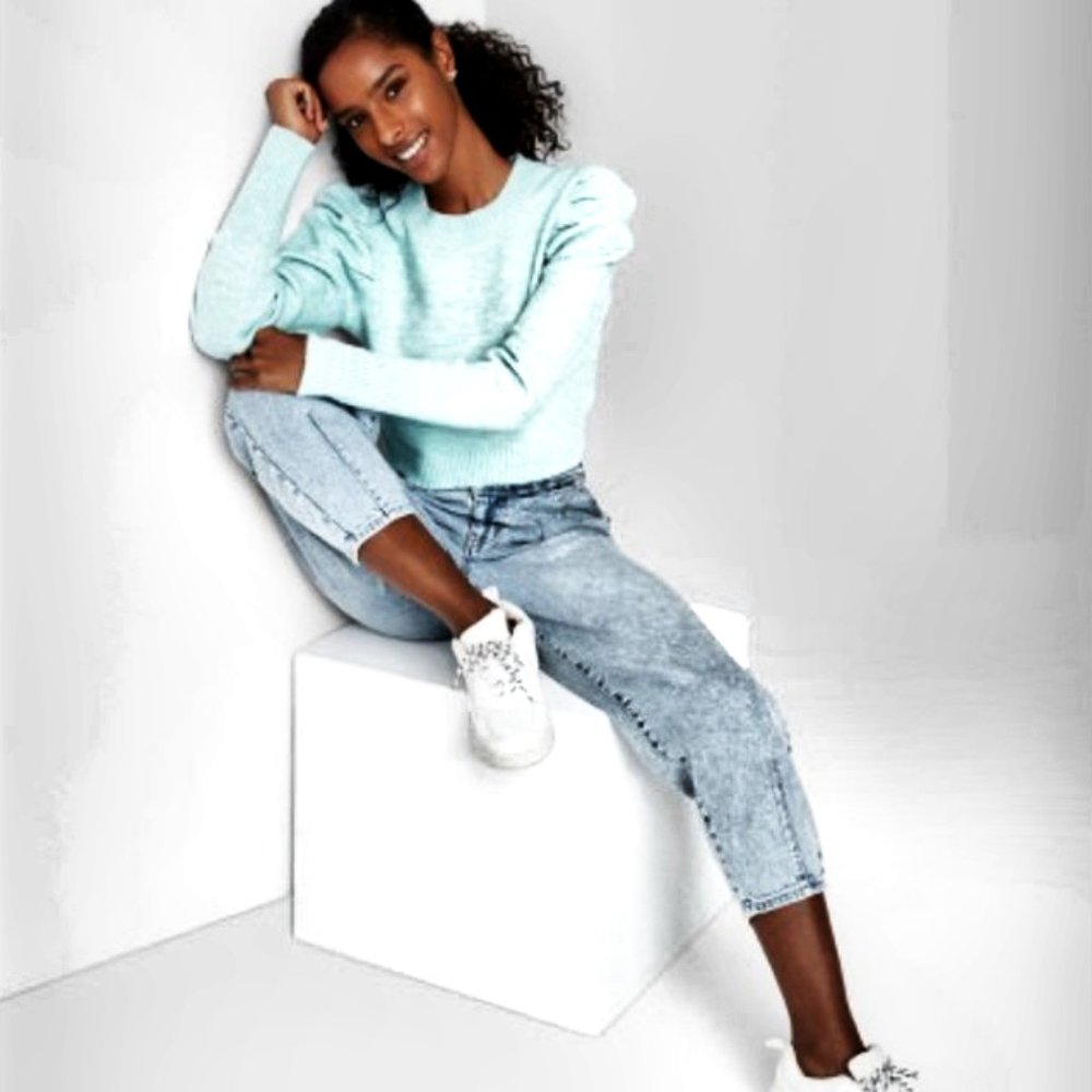 Wild Fable Women's Lt Blue Soft Puffy Sleeve Cropped Crewneck Sweater XS NWT